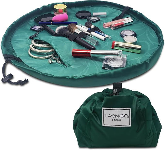 Lay-n-Go Cosmo Lay Flat Drawstring Cosmetic & Makeup Bag Organizer - Zipper Pocket, Brush Loops & More - Durable, Machine Washable Toiletry Carrier for Travel, Cinch Closure, Gift (20", Evergreen) by Lay-n-Go