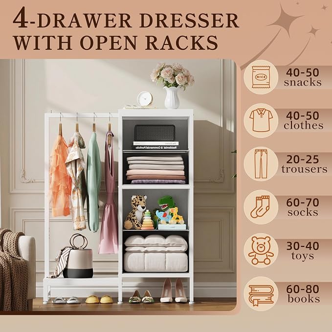 HIGDBFE Tall Dresser 44''H with Hanging Rack, 4 Drawers Small Closet Dresser for Bedroom, Reversible Fabric Chest of Drawers with Clothes Rack, Tall Storage Tower, Sturdy Frame, White - Image 5