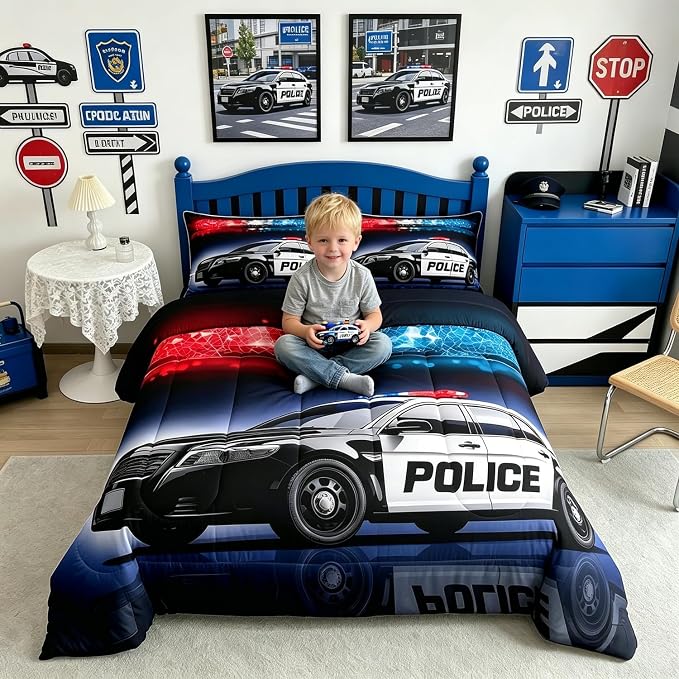 Erosebridal Police Car Comforter Sets Full Size,Policeman Vehicle Bedding Set for Kids Boys Children,Red Blue Cop Lights Down Comforter Geometric Graphics Duvet Sets Bedroom Decor with 2 Pillow Cases - Image 3