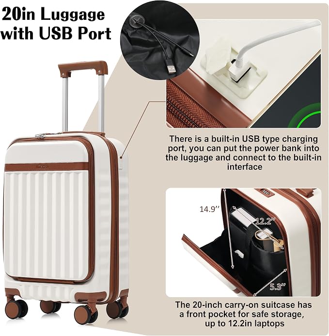 Hardshell Luggage, Lightweight Suitcase with Spinner Wheels, WHITE BROWN+USB - Image 5