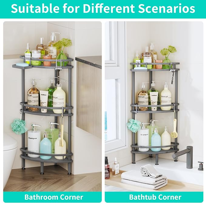 HapiRm Standing Corner Shower Caddy - 3 Tier Shower Organizer Corner with Soap Holder and 4 Hooks, Rustproof Bathroom Storage Shelves with Adhesives, Grey - Image 5