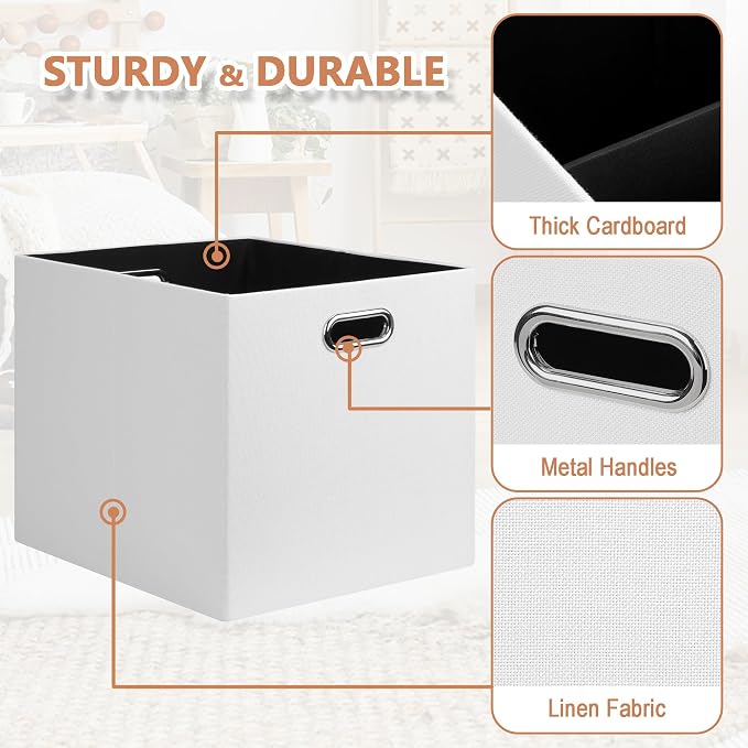 Posprica 13x15x13in Collapsible Storage Bins, Fabric Foldable Cube Storage Boxes, Decorative Storage Baskets Organizer for IKEA Kallax, Shelves, Closet, Clothes, Set of 4-White - Image 5