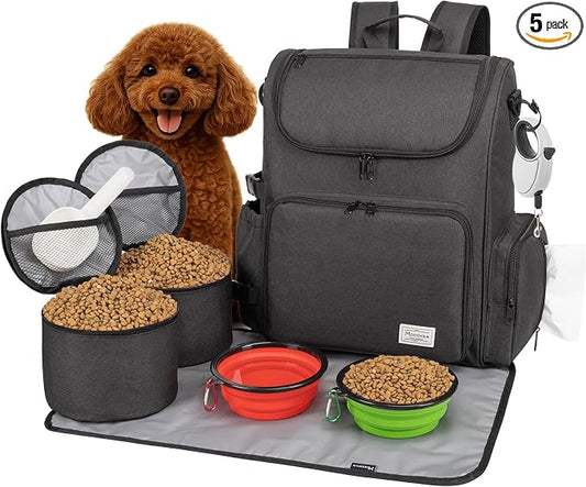 Modoker Multi-Compartment Dog Travel Backpack for Pet Supplies, Black | Dog Travel Accessories Organizer with 2 Food Bags, 2 Bowls, Quick-Access Pockets, Tissue Opening, Luggage Sleeve, Feeding Mat by Modoker