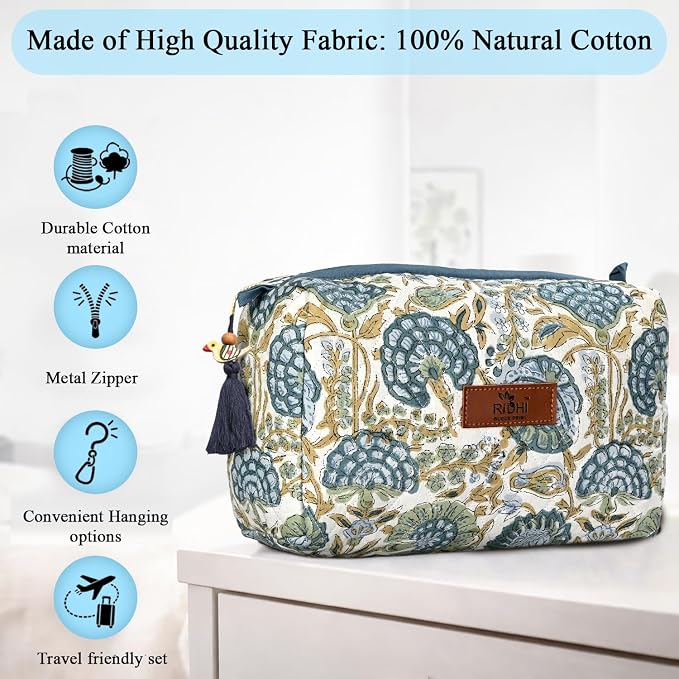 Ridhi Asparagus Green Hand Block Printed Floral Toiletry Bag For Women 100% Cotton Quilted Set of 3 Waterproof Inner Lining, Cosmetic Jewelry Organizer, Travel Pouch, Essential Storage Purse Gifts - Image 7
