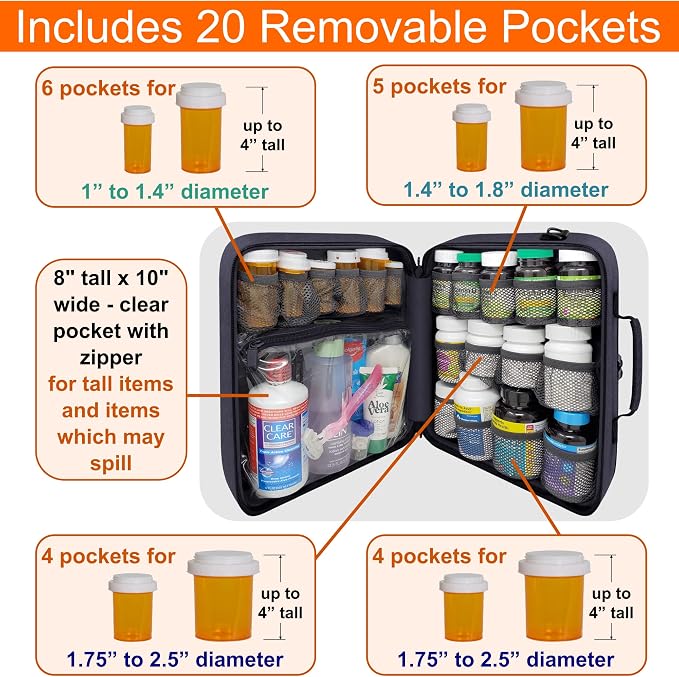 Extra Large Pill Bottle Organizer, Travel Medicine Bag with Lock | Modular prescription bottle organizer with large-capacity storage for vitamins, supplements, med supplies and small devices - Image 3