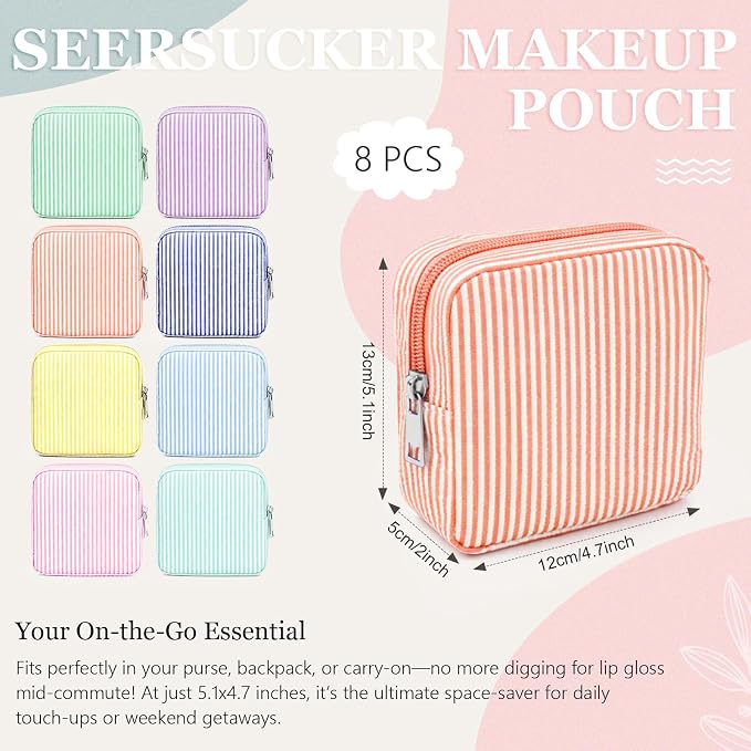 Giesiery 8 Pcs Seersucker Makeup Bags Striped Cosmetic Bags Bulk Organizer for Women Preppy Travel Toiletry Pouch for Wedding Bridesmaid Gifts (Macaron Color, Small) - Image 3