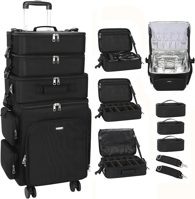 Relavel Rolling Makeup Case, 4 in 1 Hairstylist Traveling Bag Cosmetology Case on Wheels Large Hair Tools Cosmetics Train Case Makeup Artist Storage Organizer Trolley Suitcase with 360° Swivel Wheels by Relavel