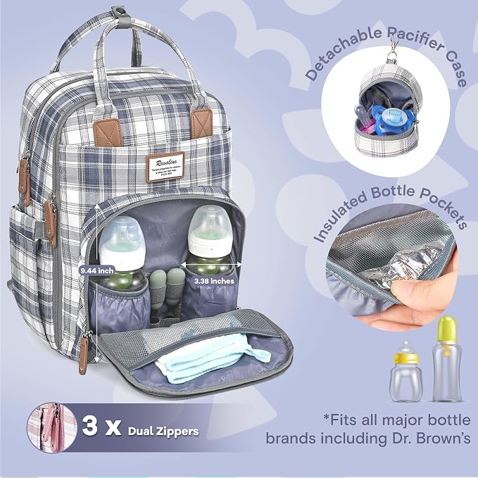 RUVALINO Diaper Bag Backpack, Multifunction Travel Pack Maternity Baby Changing Bags, Large Capacity, Waterproof, Blue Plaid - Image 3