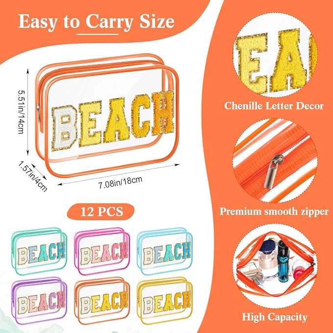 Kacctyen 12 Pack Clear Beach Makeup Bag with Chenille Letter Patch Travel Toiletry Bags Waterproof PVC Cosmetic Organizer for Women Girls Pool Beach Vacation Summer Essential Gifts, 6 Colors - Image 3
