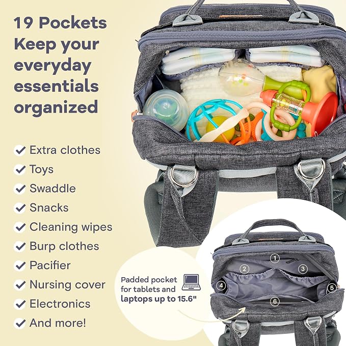 RUVALINO Diaper Bag Backpack - Multifunction Waterproof Travel Backpack, Baby Bag with Changing Pad & Stroller D-Ring & Pacifier Case - Travel Essentials & Baby Registry Search - Unisex, Dark Gray - Image 4