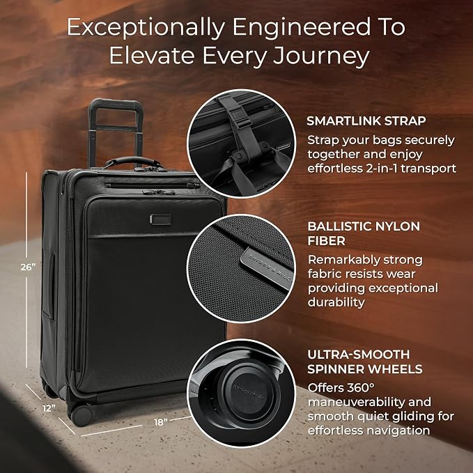 Briggs & Riley 26" Medium Expandable Spinner - Checked Luggage for Travel, Suitcases with Wheels, Softside Rolling Bag for Men & Women, Self-Repairing Zipper - Baseline Collection, Black - Image 2