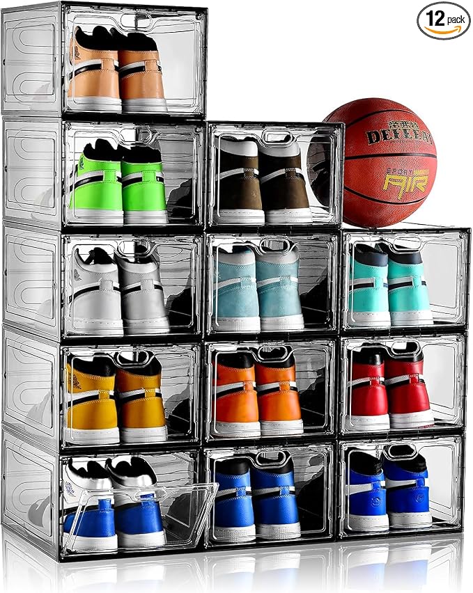 INSTY 12 Pack Gray Transparent Shoe Storage Organizer, Stackable Shoe Boxes for Closet, Drop Front Plastic Shoe Box with Grey Door, Easy to Assemble, Fit up US Size 12(13.4”x 9.8”x 7.1”) by INSTY