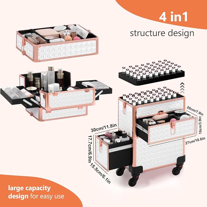 Makeup Train Case with Drawer, Rolling Makeup Case, Cosmetology Case on Wheels, Gift, Large Makeup Case Organizers, Professional for Salon Barber, Nail, Tattoo, White Gold - Image 3