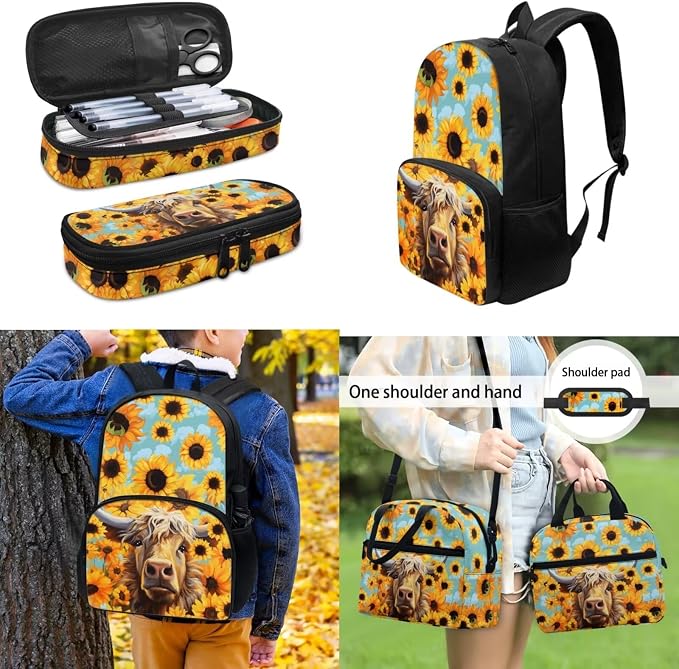 4Piece Highland Cow Backpack with Lunch Box And Pencil Car Water Holder Sleeve Crossbody Bag for Boys Girls，Yellow Sunflower Highland Cow Bookbag Large Capacity Casual Daypack - Image 4