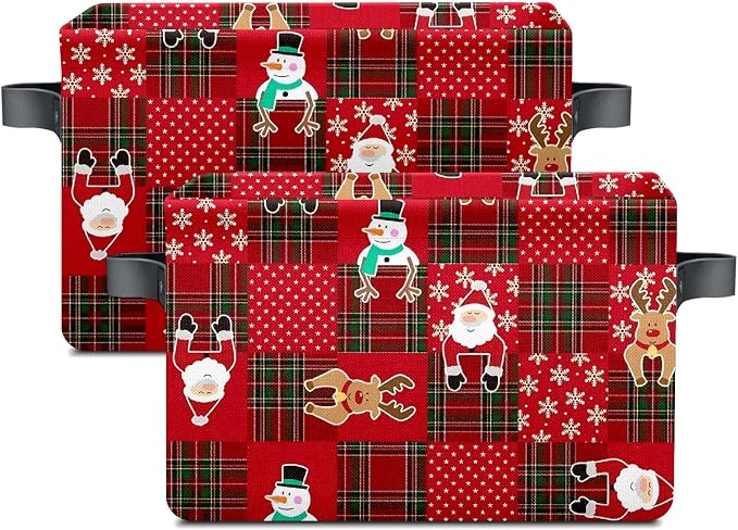 Christmas Baskets,Christmas Red Grid Elk Snowman Foldable Storage Bins with Handles, Decorative Cloth Organizer Storage Boxes 2 2piece - Image 2