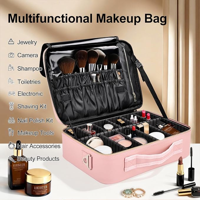 Travel Makeup Bag with Brush Holder, Professional Cosmetic Train Case Organizer, Portable Travel Makeup Brush Carry Case Artist Storage Box with Adjustable Dividers and Shoulder Strap, Leather Pink - Image 4