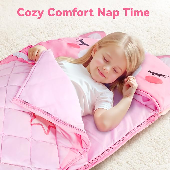 iPlay, iLearn Kid Sleeping Bag, Unicorn Slumber Sack, Toddler Girl Nap Mat | 2 in 1 Pink Animal Cushion Pillow Blanket, Happy Travel Sleepover Daycare Preschool Birthday Gift for 3 4 5 6 Year Old Child - Image 2
