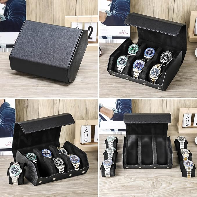 Hiram Genuine Leather Hexagon Watch Roll Travel Case, Leather 6-Watches Roll Case with Removable Pillow Cushion for Treasured Watches and Bracelets-Black - Image 6