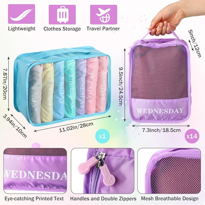 Days of Week Packing Cubes Summer Camp Essentials Weekly Organizer Storage Bag School Clothes for Travel Kids Family(7x9x3inch,Macaron,15) - Image 3