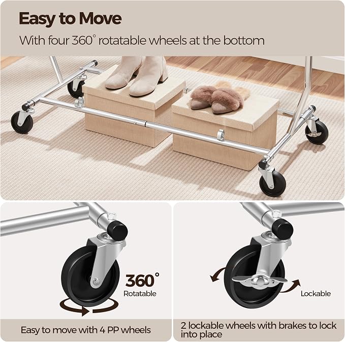 Yaheetech Rolling Clothes Rack, Clothing Racks for Hanging Clothes Portable Clothes Rack, Heavy Duty Clothes Rack with Extendable Hanging Rod,Chromed, Silver - Image 7