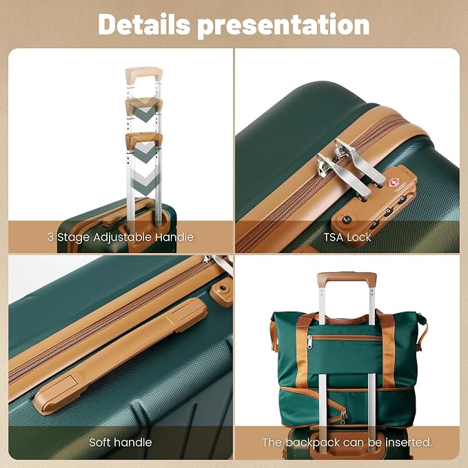 3-Piece Luggage Set with 20” Carry On, PC+ABS Hardside Suitcase with Spinner Wheels & TSA Lock, Easy-Control Rolling Suitcase for Business Trips & Weekend Getaways (Green) - Image 2