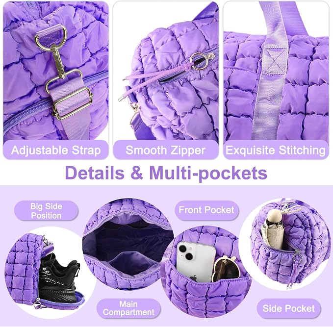 Quilted Travel Duffle Bag Gym Bag for Women,Large Puffer Duffle Weekender Bag with Compartment,Workout Overnight Carry on Organizer Bag Duffle Bag for Airplane Travel(L-Purple) - Image 5