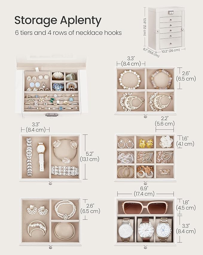 SONGMICS Jewelry Box Organizer, 6-Layer with 5 Drawers, White | Jewelry Storage Case with Lock and Mirror, Large Storage Capacity, for Necklaces, Watches, Gift for Loved Ones UJBC152W01 - Image 3