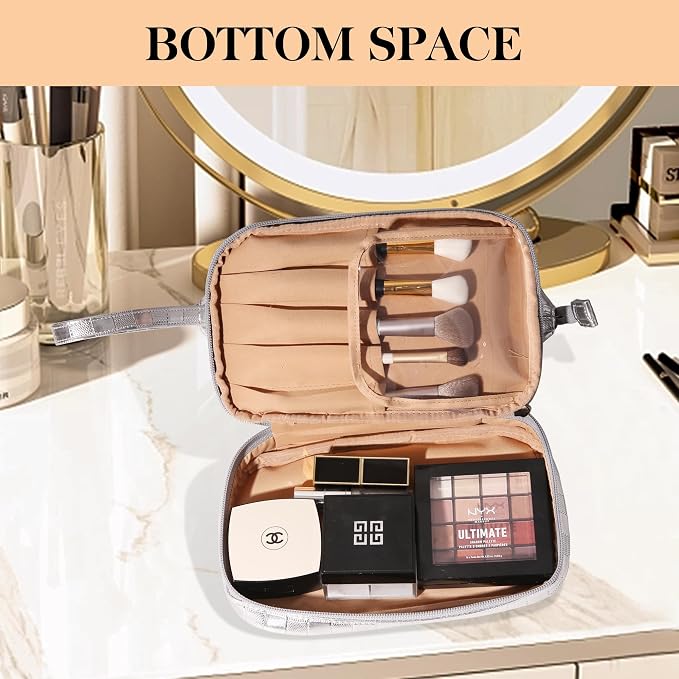 Abiudeng Large Capacity Makeup Bag Ladies Cosmetic Bag Travel Bag with Compartments Portable PU Leather Travel Makeup Bag with Handle - Image 6