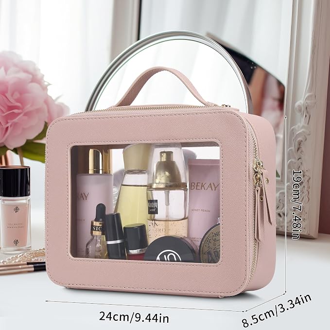 Pinkmik Clear Makeup Bag for Women Waterproof Travel Cosmetics and Toiletries Case Portable Makeup Oaganizer Bag Clear Car Bag with Zipper (Pink, L) - Image 3