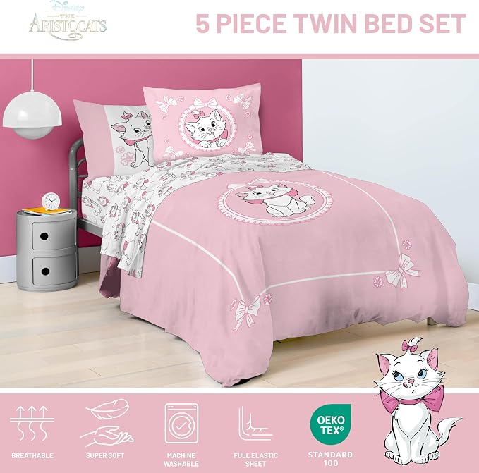Disney Aristocats Marie Twin Comforter Set 5 Piece Kids Bedding, Pink | Bed in a Bag, Comforter Sheets Sham Pillowcase, Official Brand, Soft Microfiber, Machine Washable, Easy Care, Girls Gift - Image 4