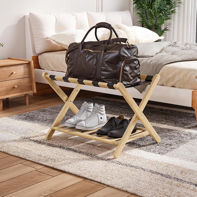 Smuxee Fully Assembled Luggage Rack for Guest Room, Upgraded Bamboo Foldable Suitcase Stand with 5 Nylon Straps, Nature Luggage Holder with Shelf for Bedroom Hotel - Image 8