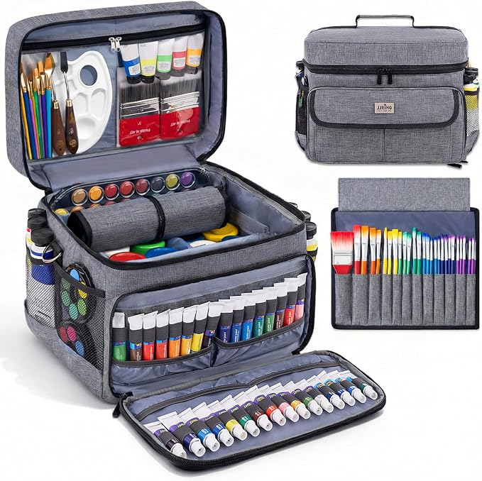 JJRING Acrylic Paint Organizer Bag With Adjustable Dividers, Grey | Versatile Art Supply Storage Case With 12-Slot Brush Holder & Clear Zipper Pocket For Multi-Size Bottles, Travel Tote by JJRING