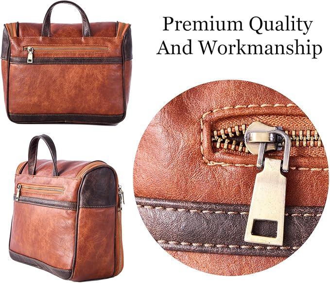 EURYNOME Hanging Toiletry Bag for Women and Men, Large PU Leather Toiletries Organizer, Water-resistant Bathroom Shaving Kit for Cosmetics, Makeup Case - Image 2