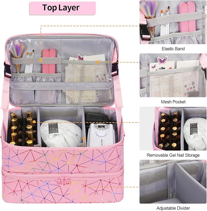 Ethereal Nail Polish Organizer Case Holds 50+ Bottles (5ml/0.5fl.oz) and Nail Lamp, Leather Nails Storage Organizer with Compartment, Diamond Pink - Image 2