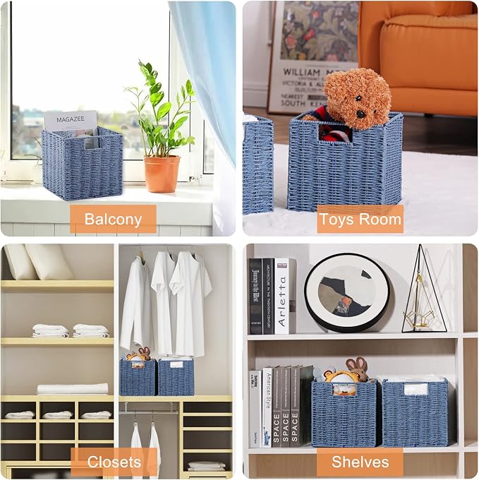 Vagusicc Wicker Storage Basket, Set of 2 Hand-Woven Storage Baskets for Shelves with Handles, Foldable Cube Storage Baskets Bins 11 Inch Large Wicker Baskets for Pantry Decor, Blue(11''x11''x11'') - Image 5