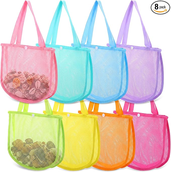 Kinlop 8 Pcs Mesh Beach Bag with Multiple Mesh Pockets Foldable Beach Tote Pastel Colors Shell Collecting Bag Family Travel Vacation Essentials for Family Travel Toys Camping Pool Gear Sports by Kinlop