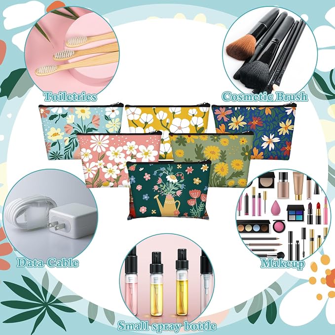 Sweetude 12 Pcs Colorful Flower Makeup Bags Bulk Portable Travel Cosmetic Bags with Zipper Watercolor Floral Waterproof Roomy Travel Toiletry Organizer Storage Pouch for Women Gifts - Image 5