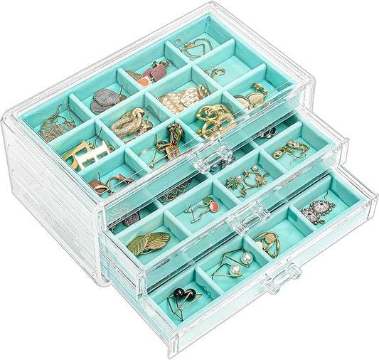 ProCase Earring Holder Organizer Jewelry Box with 3 Drawers, Acrylic Clear Earring Case with Adjustable Velvet Trays for Women - Aqua, 3 Layers by ProCase