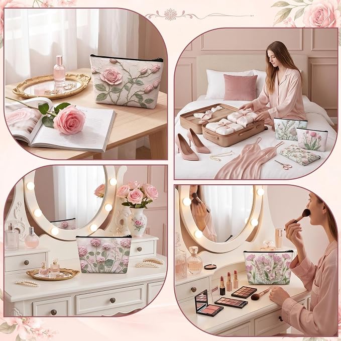 Sweetude 12 Pcs Pink Relief Flower Makeup Bags Bulk Pink Portable Travel Cosmetic Bags with Zipper Oil Painting Floral Waterproof Roomy Travel Toiletry Organizer Storage Beauty Pouch for Women Gifts - Image 5