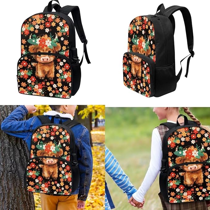 Kids Cute Floral Highland Cow Backpack Set, Lightweight School Backpack for Kids Elementary Bookbag for Students with Adjustable Strap, 3pcs with Lunch Box And Pencil Case - Image 2