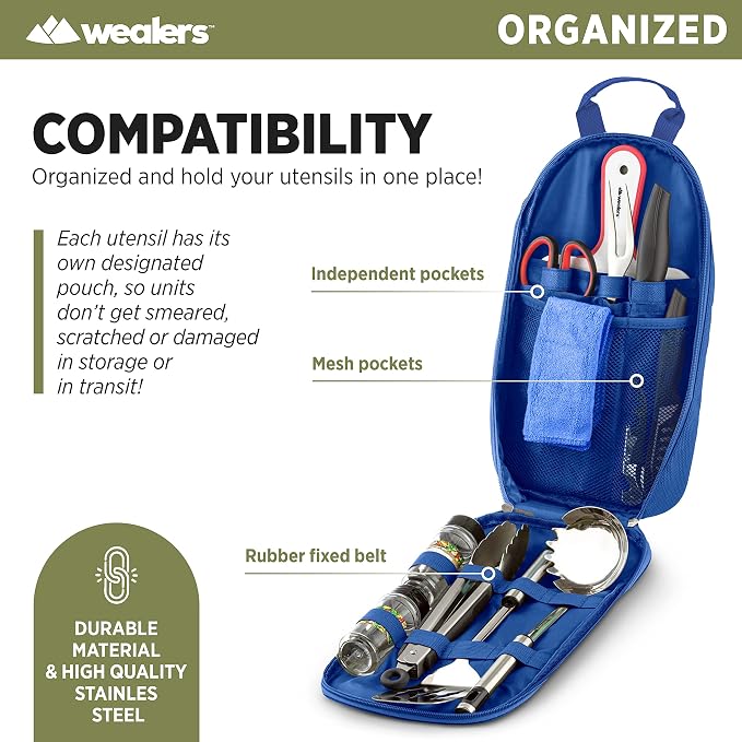 Wealers Camp Kitchen Cooking Utensil Set Travel Organizer Grill Accessories Portable Compact Gear for Backpacking BBQ Camping Hiking Travel Cookware Kit Water Resistant Case - Image 7