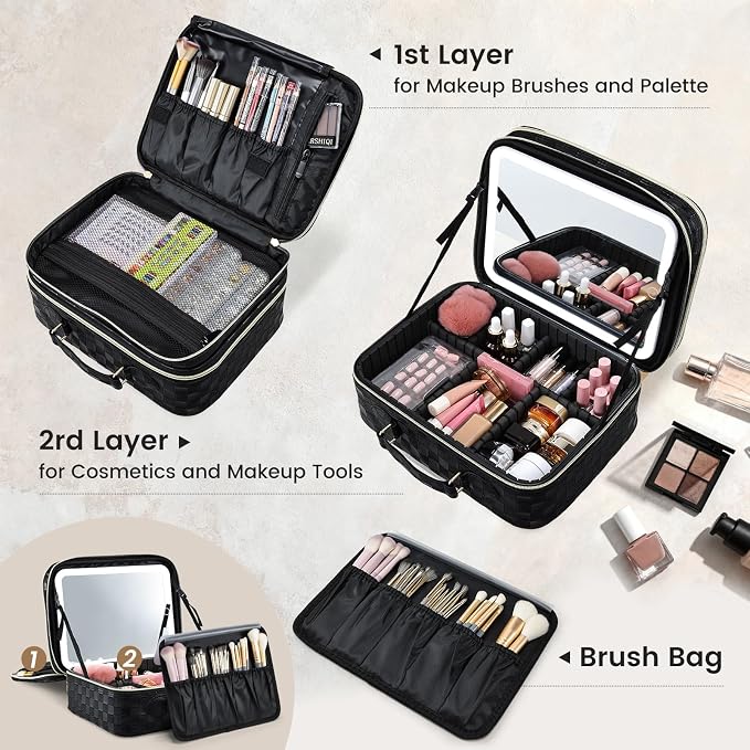 Makeup Bag with LED Lighted Mirror 12.2 IN Cosmetic Train Case Double Layer Makeup Case Adjustable Brightness in 3 Colors Cosmetic Organizer Artist Storage with Brush Holder Vanity Black Checkerboard - Image 3
