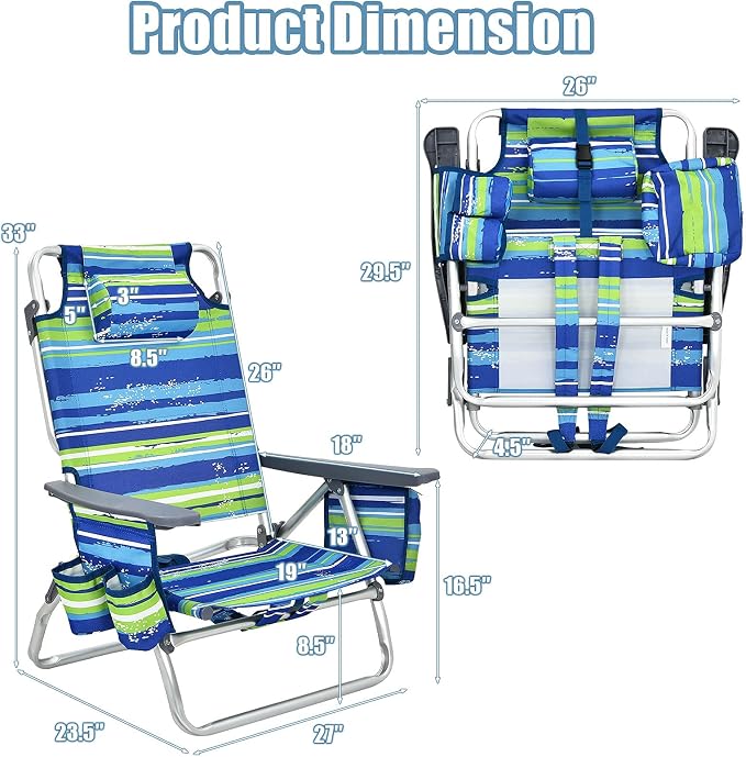 Giantex Folding Beach Chair, Patio Sling Chairs with 5 Adjustable Position, Head Pillow, Storage Bag, Towel Bar, Cup Holders, Backpack Chairs for Sunbathing, Camping Chair - Image 3