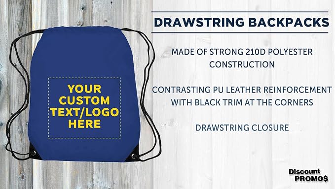 DISCOUNT PROMOS Custom Black Trim Drawstring Backpacks Set of 10/50/100, Personalized Bulk Pack - Gym Bag, Soccer Shoes, Water Resistant - Blue - Image 3