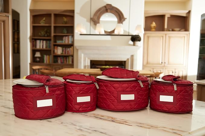 Covermates Keepsakes Dish Storage Set – Padded China & Dinnerware Storage Cases with Dividers, Cup & Stemware Storage, Quilted Polyester Protection, ID Window, Red - Image 4