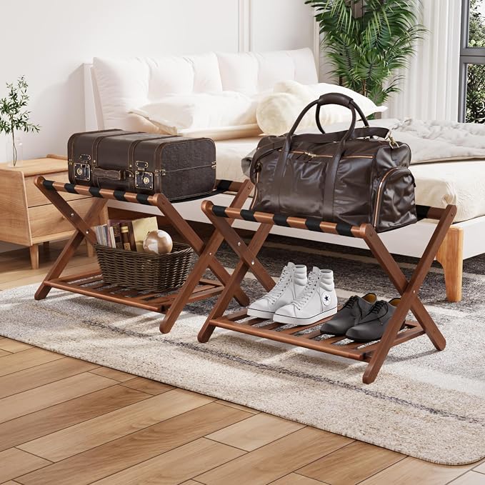 Smuxee Fully Assembled Walnut Luggage Racks Pack of 2, Upgraded Bamboo Foldable Suitcase Stand with 5 Nylon Straps, Luggage Holder with Shelf for Guest Room Bedroom Hotel - Image 7