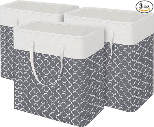 BlissTotes 3-Pack Laundry Basket, Freestanding＆Waterproof Laundry Hamper, Collapsible Tall Clothes Hamper with Easy Carry Handles for Clothes, Towels in the Family and Dorm,Clover Grey,100L by BlissTotes