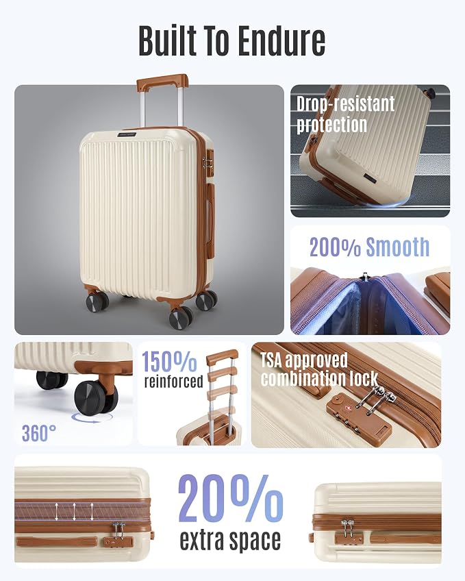 LIGHT FLIGHT Carry On Luggage 22x14x9 Airline Approved, Beige and Brown | Airline Approved, Durable Hard Shell with Wheels, Expandable Hardside, Lightweight, TSA Lock - Image 2