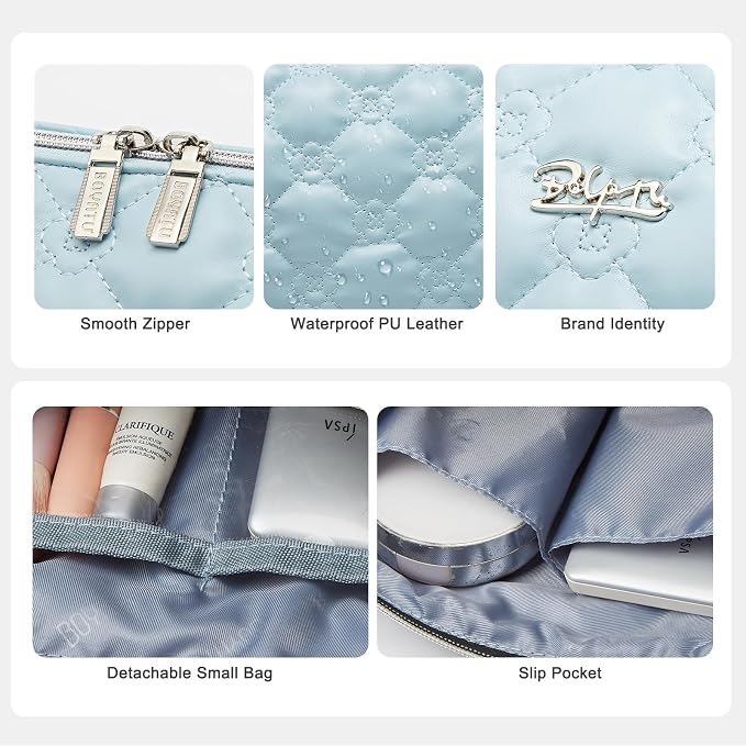 BOYATU Travel Makeup Bag Cosmetic Pouch: 2 Pcs Set Waterproof Vegan Leather Cosmetic Bags for Women - Cute Quilted Skincare Make up Toiletry Bag for Girl (04-Blue) - Image 5