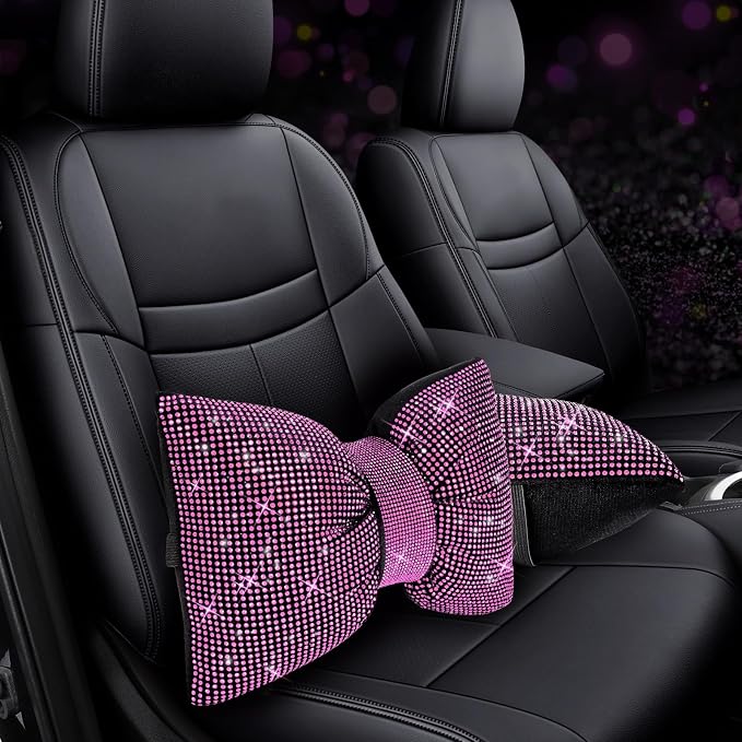 4 PCS Bling Car Pillows,Rhinestones Bowknot Car Headrest Pillow,Pink | Car Neck Pillow for Driver Relax Neck Support,Sleeping Travel Support Neck Pillow,Diamond Interior Accessories for Women - Image 3